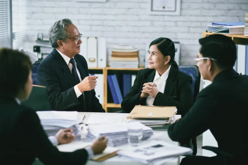 Four colleagues in a meeting room reviewing paperwork