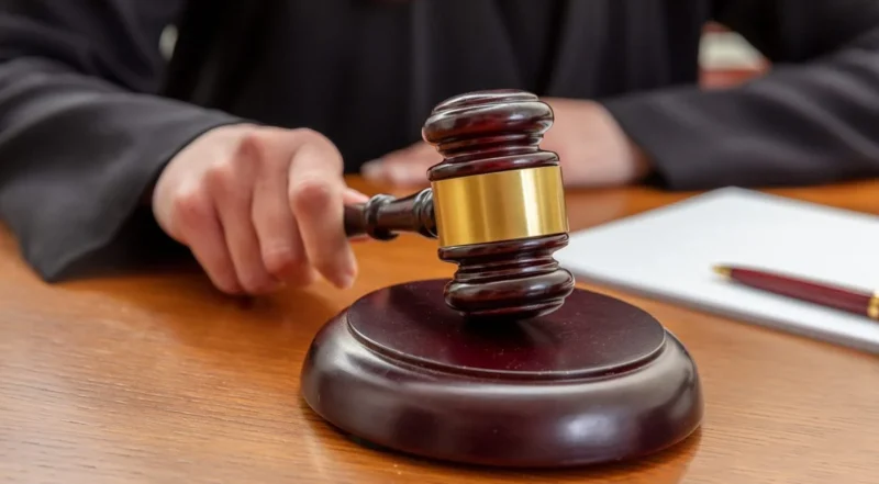 A judge in a black gown striking a gavel on its block