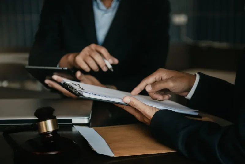 Two people reviewing a contract on a clipboard, gavel in the foreground