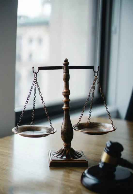 Brass scales of justice on a wooden desk with a gavel behind