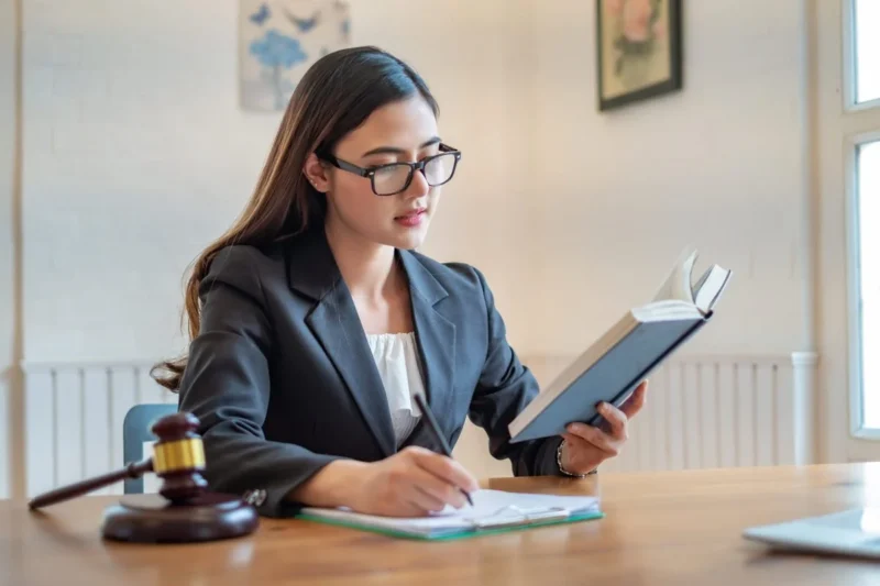 A solicitor at a desk reading a law book beside a laptop and gavel